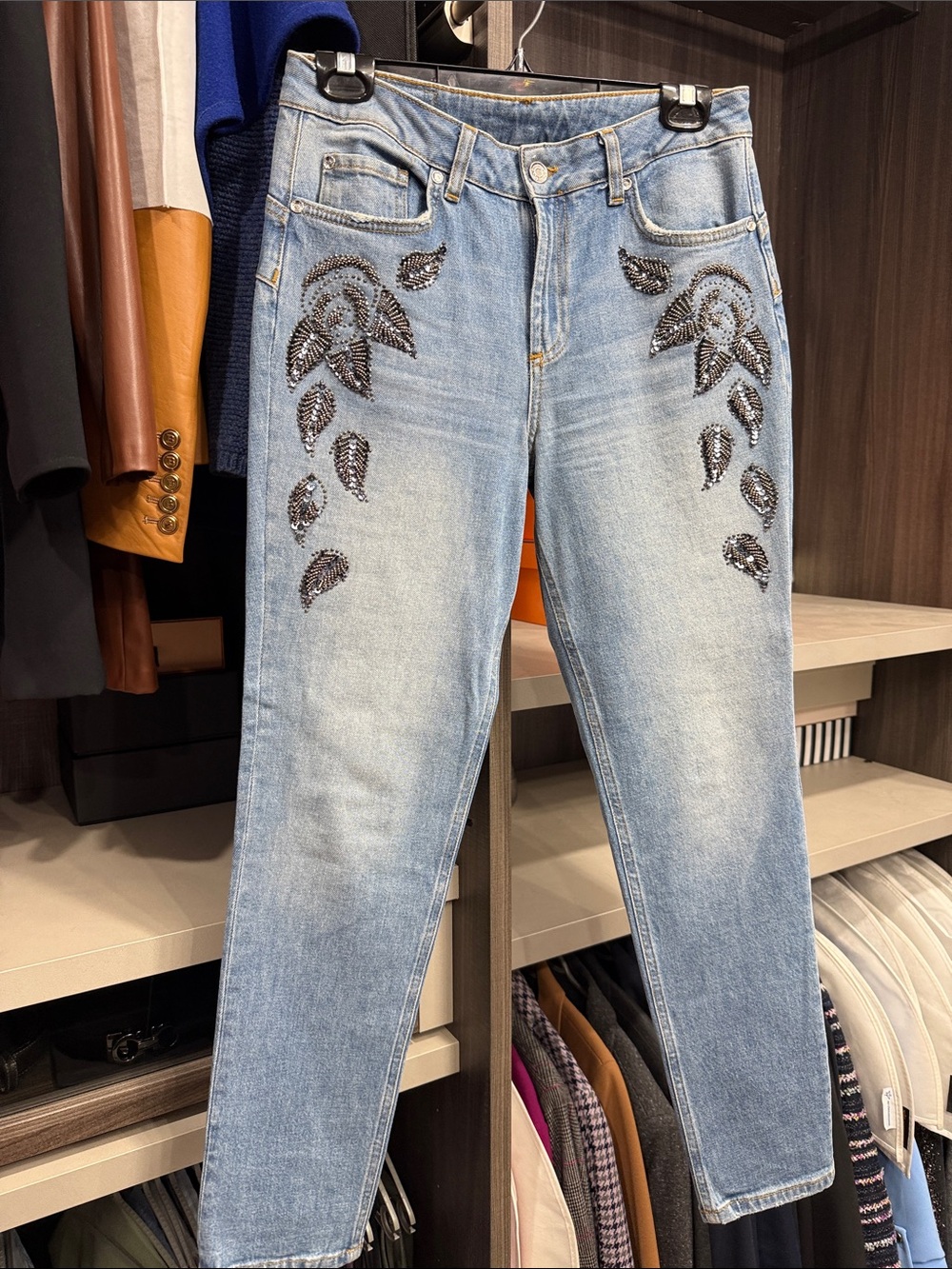 Liu Jo Pale Blue Straight-Leg Jeans with Black Beaded Leaf Accents